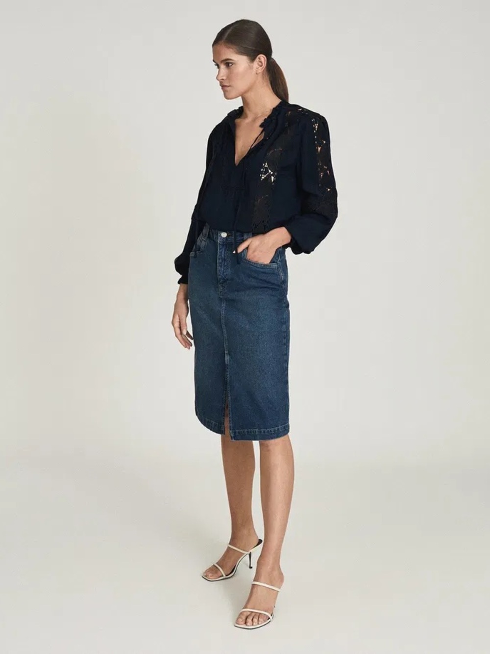 EUC Reiss Myla Denim Midi Skirt